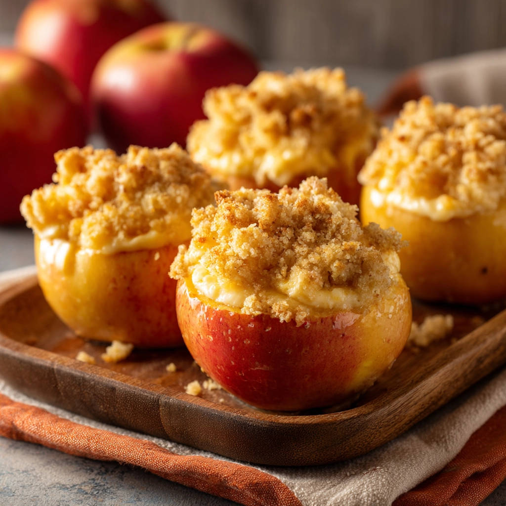 Cozy baked apples with crispy crumble topping shown in a close-up view on a wooden tray.
