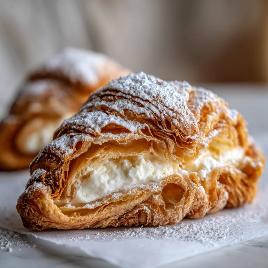 Cream cheese pastries shown in a close-up cross-section revealing their flaky layers and creamy filling.