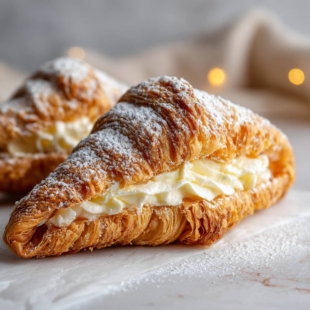 Cream cheese pastries shown in a close-up cross-section, dusted with powdered sugar, revealing the creamy filling.