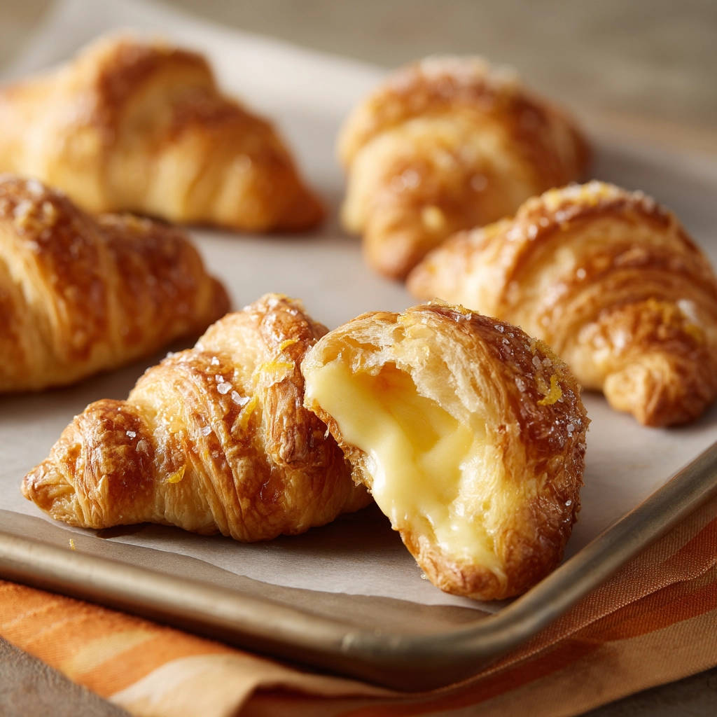 Cream filled crescents showing a creamy, oozing interior with a flaky pastry cross-section.