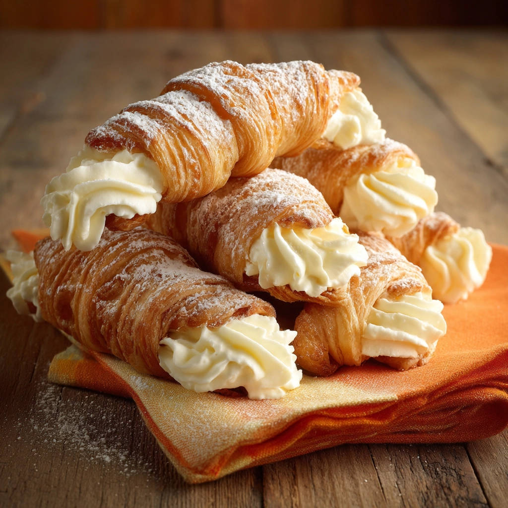 Foolproof cream horns piled high on an orange napkin and dusted with powdered sugar.