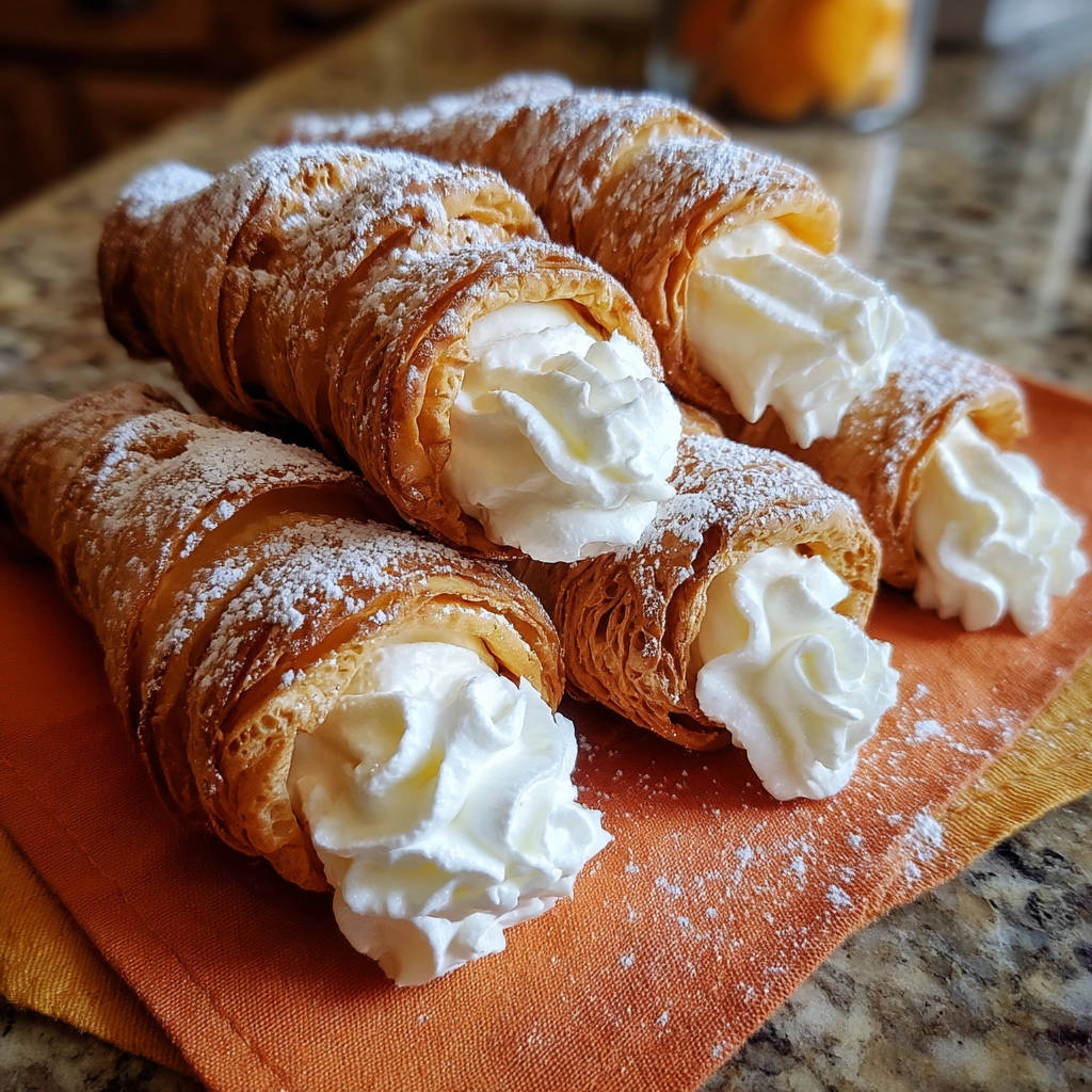 Foolproof cream horns with powdered sugar, a close-up view of the pastry shells filled with whipped cream.
