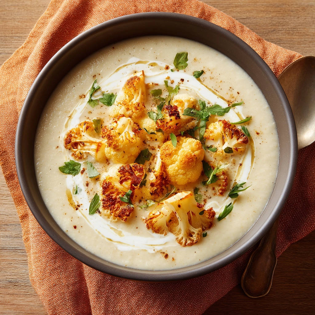 Creamy cauliflower soup served in a dark bowl, topped with roasted florets, fresh parsley, and a swirl of cream.