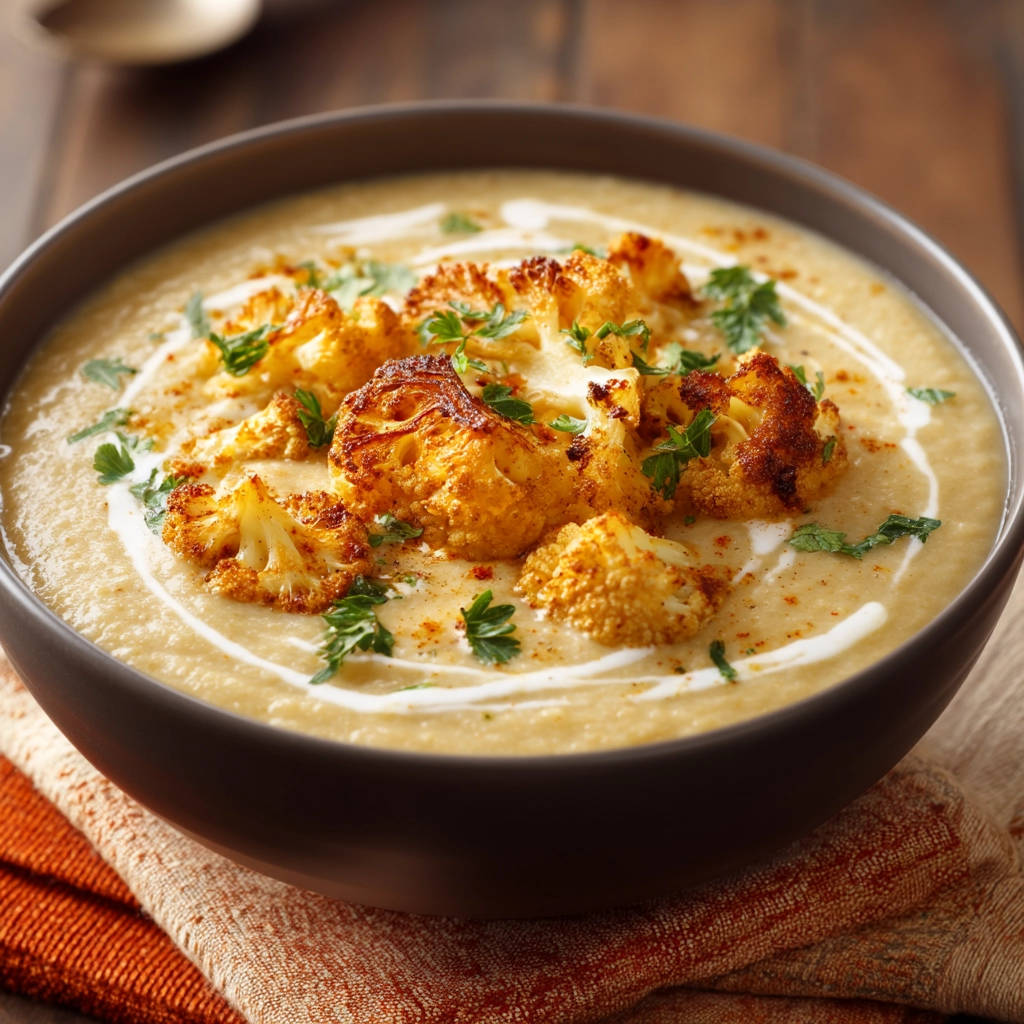 Creamy cauliflower soup with roasted cauliflower florets and a swirl of cream, garnished with parsley.