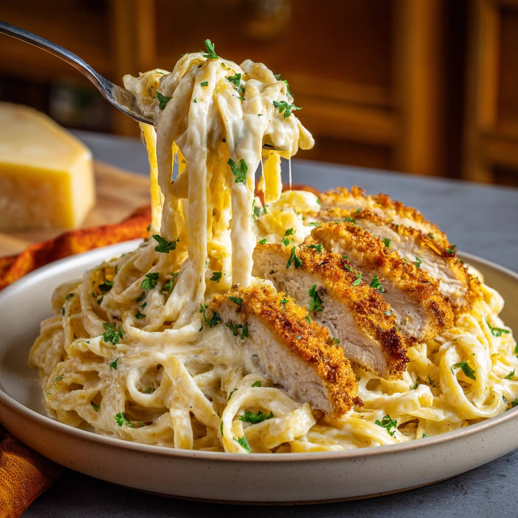 Creamy chicken alfredo pasta being lifted by a fork, showing the rich sauce coating the fettuccine noodles.