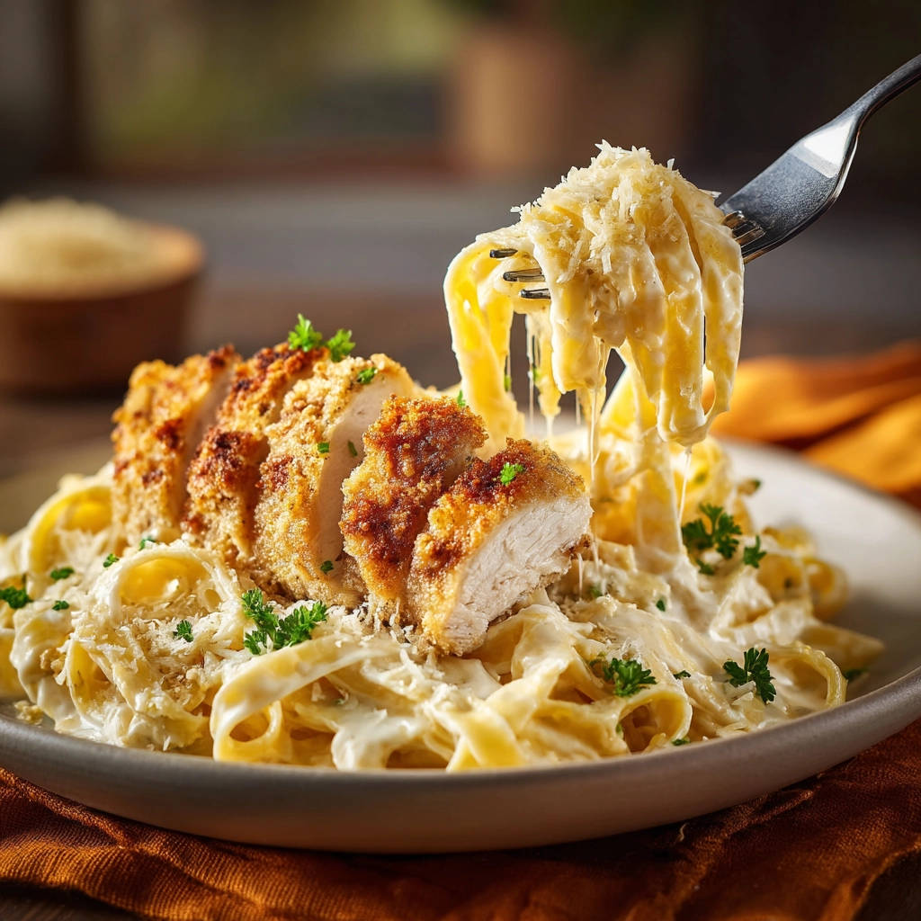 Creamy chicken alfredo pasta with a forkful of fettuccine and grated parmesan cheese being lifted from the plate.