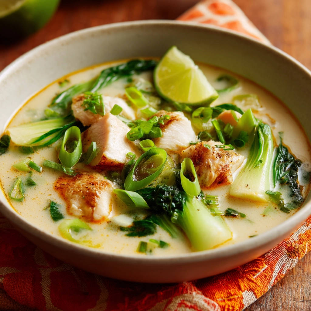 Creamy chicken and bok choy soup in a bowl, featuring a close-up view of tender chicken, bok choy, and fresh scallions.