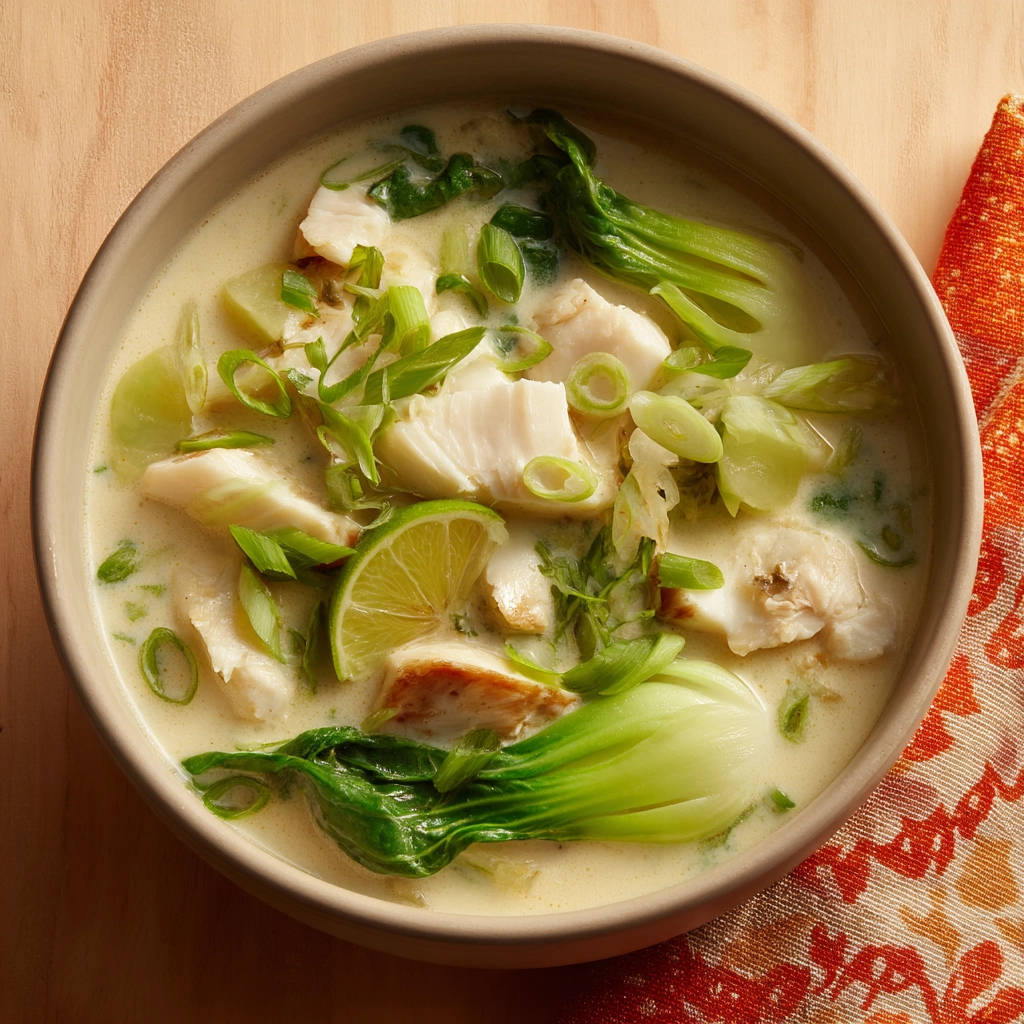 Creamy chicken and bok choy soup served in a bowl, garnished with fresh scallions and lime wedges.