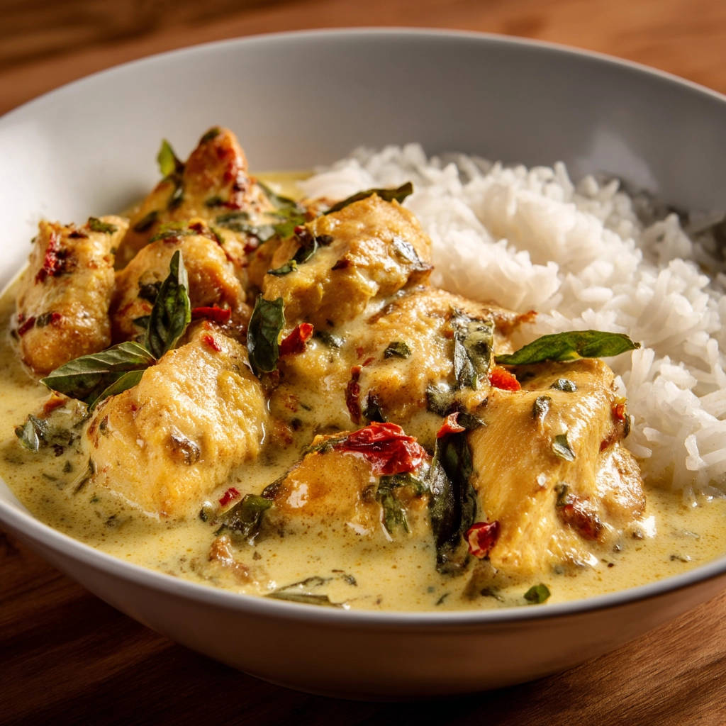 Creamy chicken curry served in a bowl with fluffy white rice, showcasing tender chicken pieces in a rich sauce.