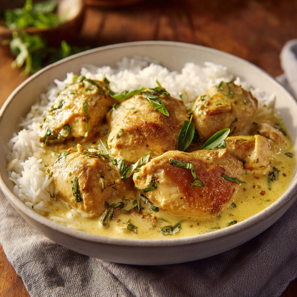 Creamy chicken curry with juicy pieces served in a bowl over white rice, garnished with fresh herbs.