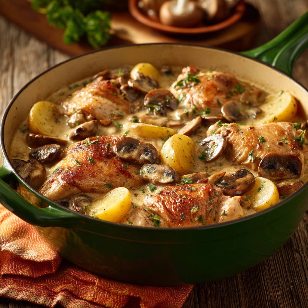Creamy chicken and mushroom pot shown in a close-up view from a green Dutch oven with potatoes and herbs.