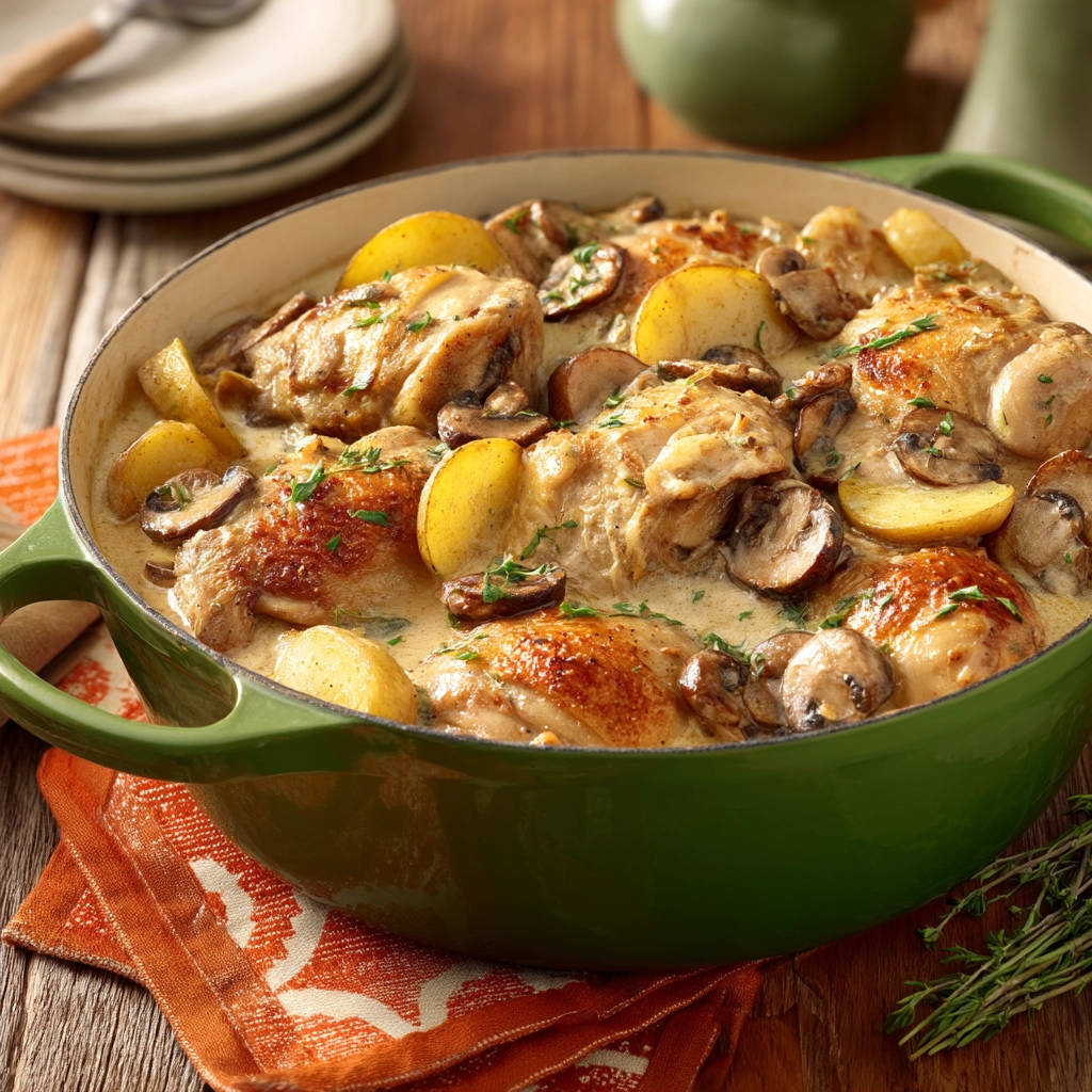 Creamy chicken and mushroom pot shown in a close-up view within a green Dutch oven.