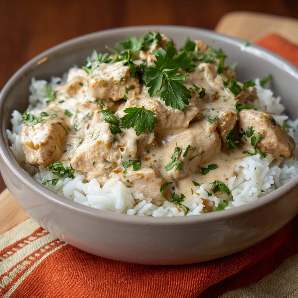 Creamy chicken over rice in a bowl, generously garnished with fresh parsley, showcasing a close-up view of the dish.