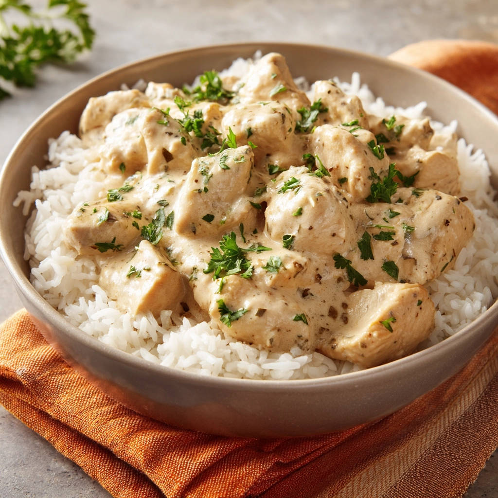 Creamy chicken over rice served in a bowl, garnished with fresh parsley, presented as a close-up view.