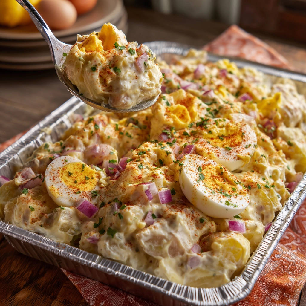 Amazing creamy classic potato salad with a spoonful being scooped out, showing chunks of potato, egg, and red onion.