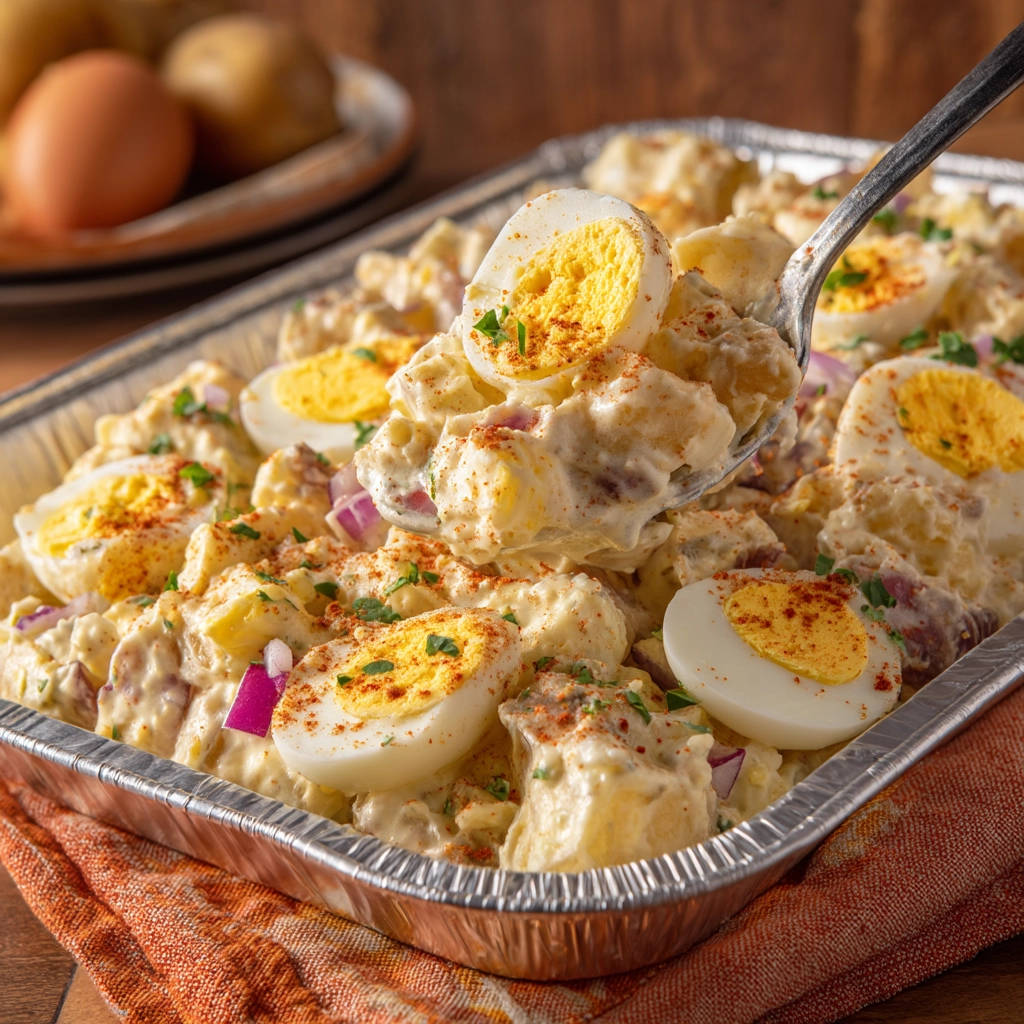 Creamy classic potato salad served in a foil pan, with a spoonful showing potatoes, egg, and red onion.