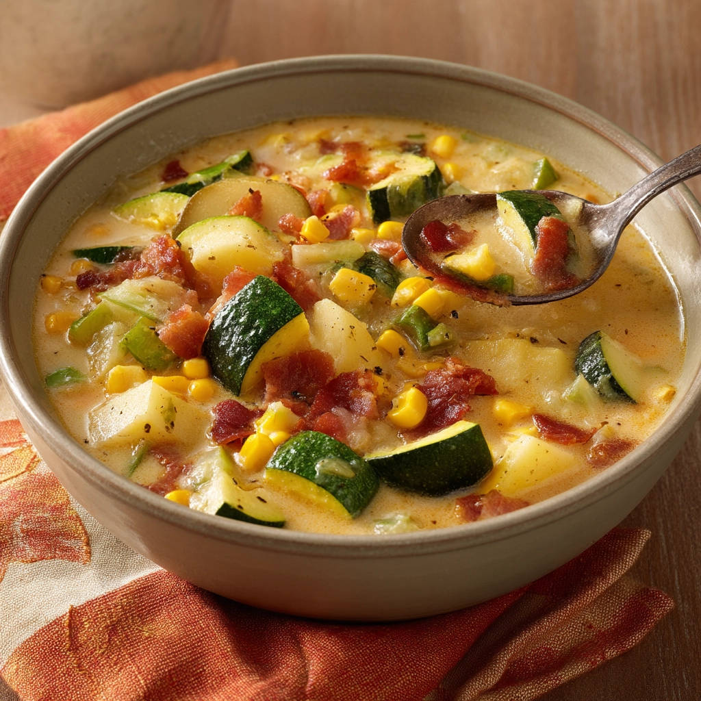 Creamy corn, zucchini and potato chowder shown in a close-up with a spoonful revealing its hearty texture and ingredients.