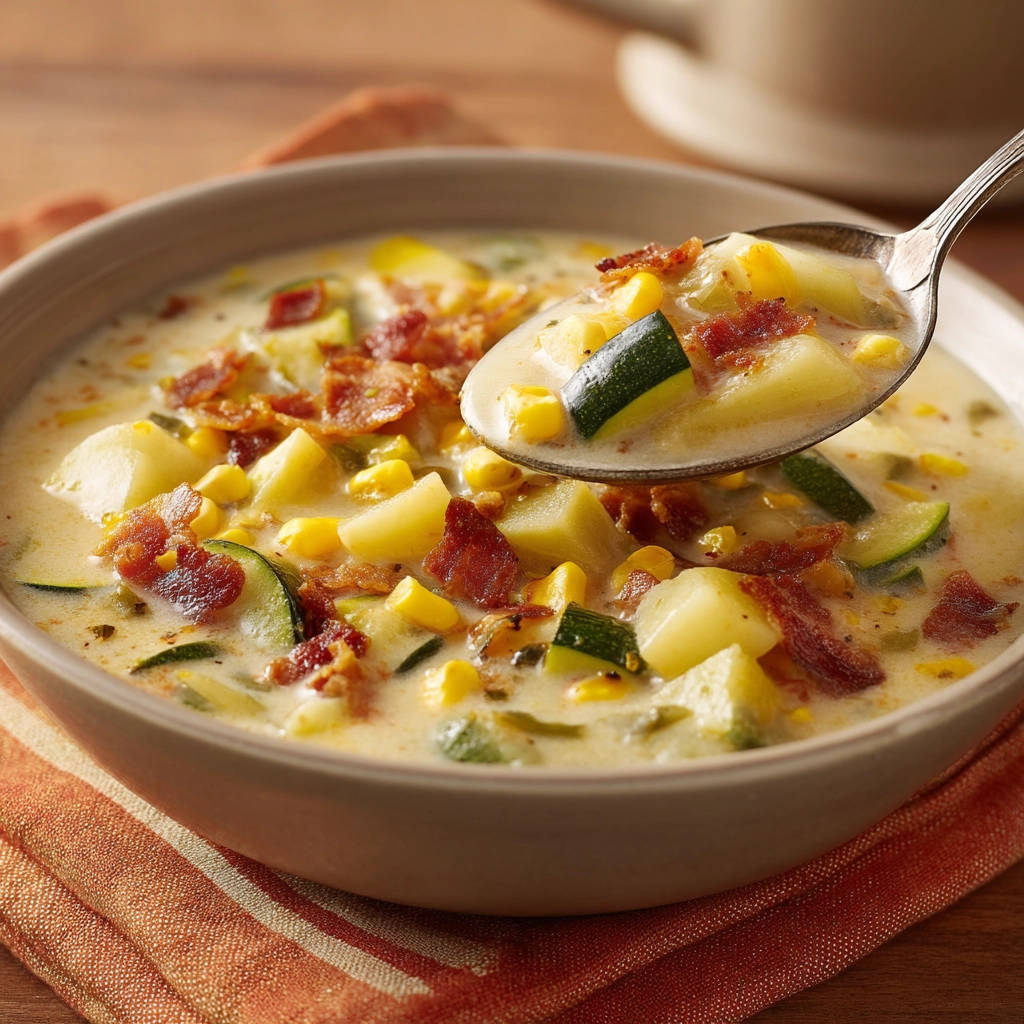 Creamy corn, zucchini and potato chowder shown in a spoonful detail with bacon, corn, zucchini, and potatoes.