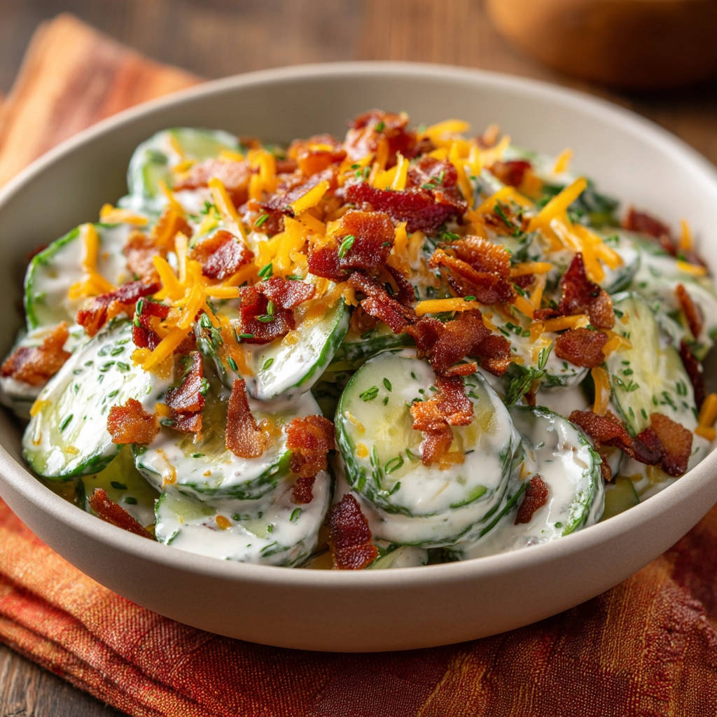 Creamy cucumber bacon salad topped with shredded cheddar cheese and crumbled bacon in a bowl.