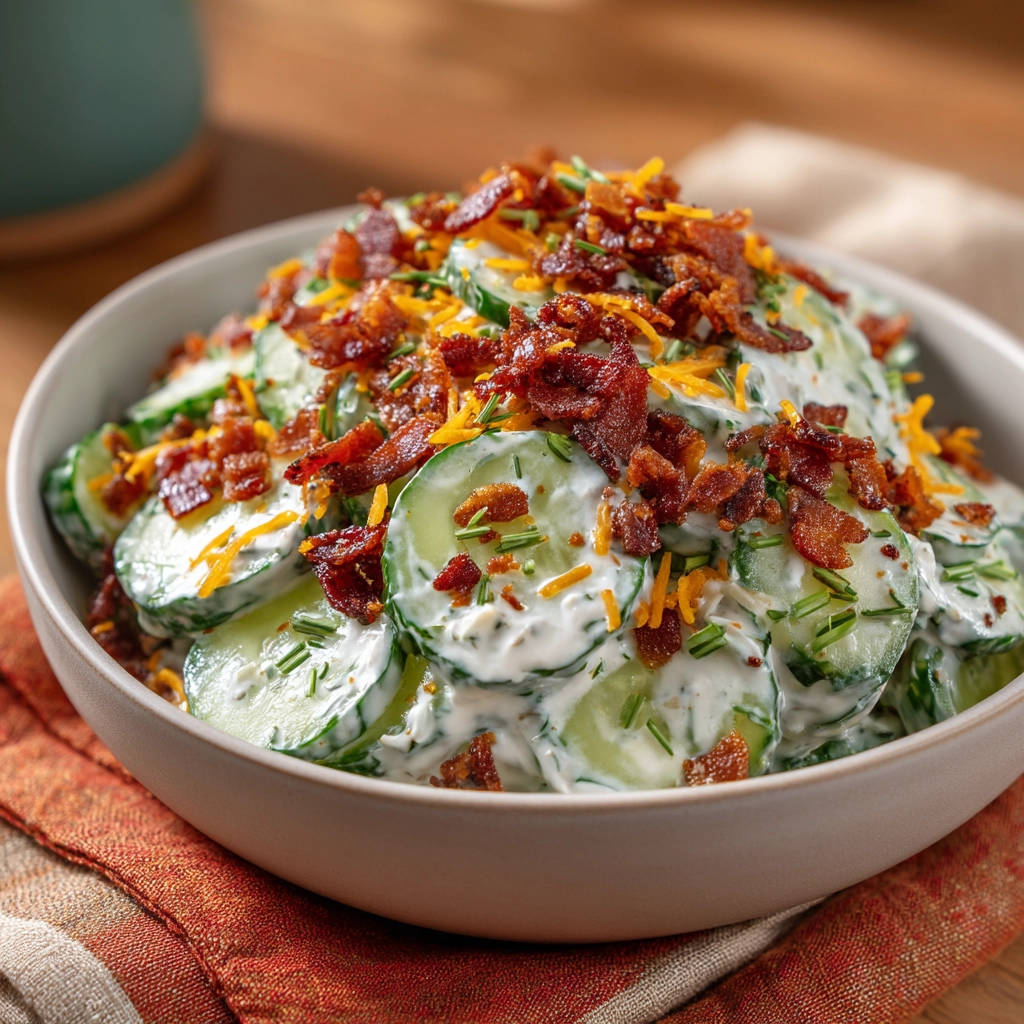 Creamy cucumber bacon salad topped with shredded cheese and chives in a bowl.