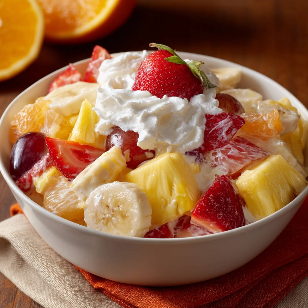 Creamy fruit salad topped with whipped cream and a strawberry, featuring bananas, pineapple, oranges, and grapes.