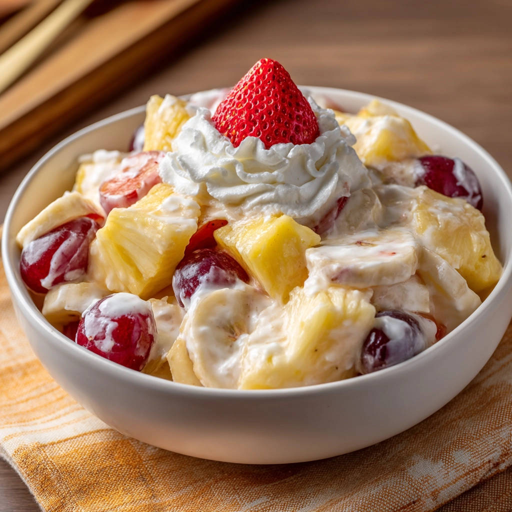 Creamy fruit salad topped with whipped cream and a fresh strawberry in a white bowl.