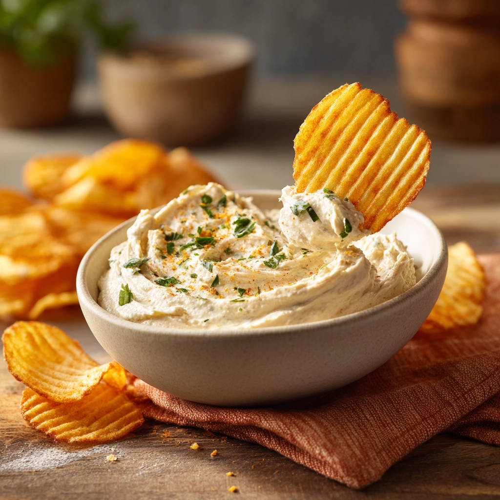 Creamy herb dip with a ridged potato chip scooping into the rich, textured dip, garnished with herbs.