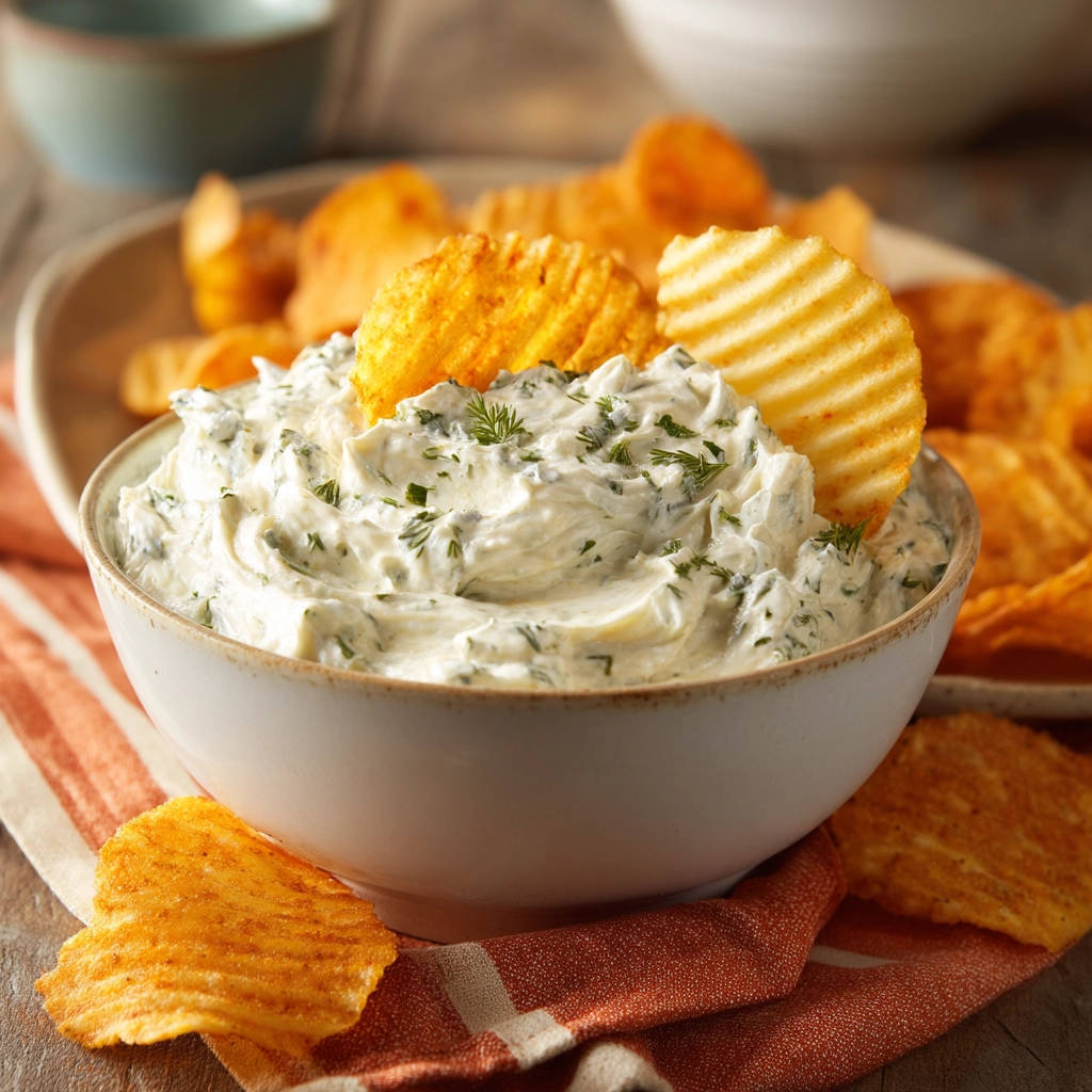 Creamy herb dip is served in a bowl with ruffled potato chips, showcasing its rich texture and fresh herbs.