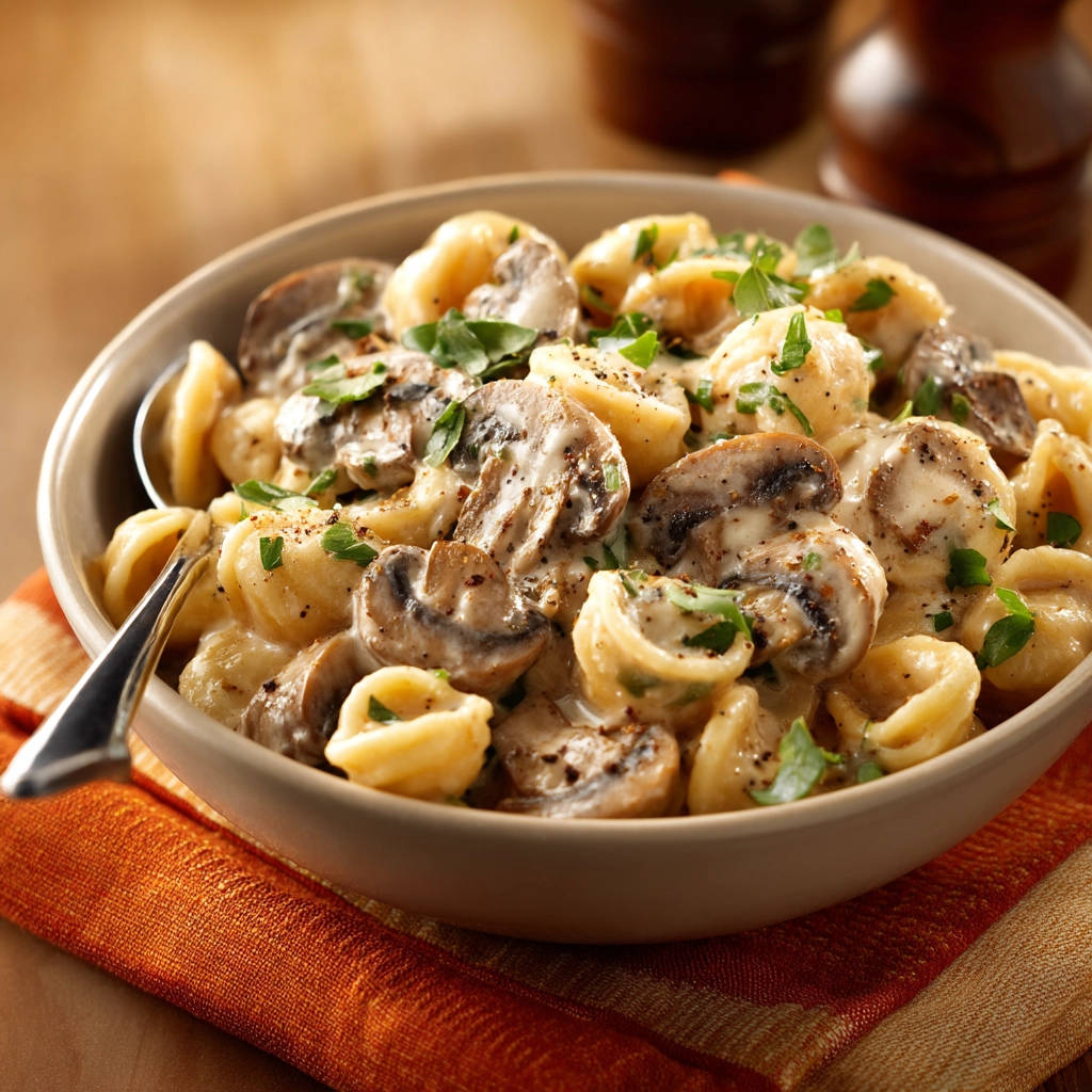 Creamy mushroom orecchiette in a bowl, with a spoon and garnished with fresh parsley.