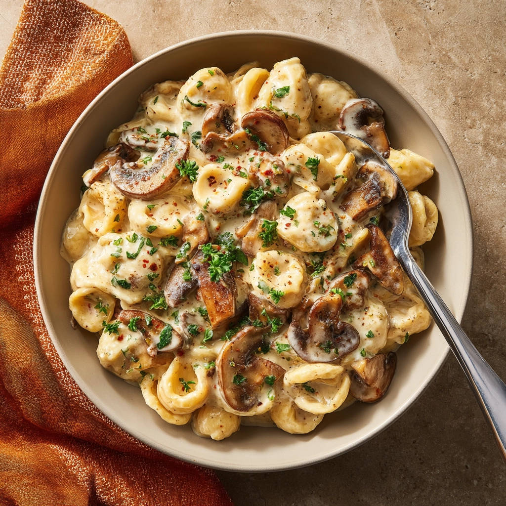 Creamy mushroom orecchiette served in a bowl, viewed from directly above, with fresh parsley garnish.