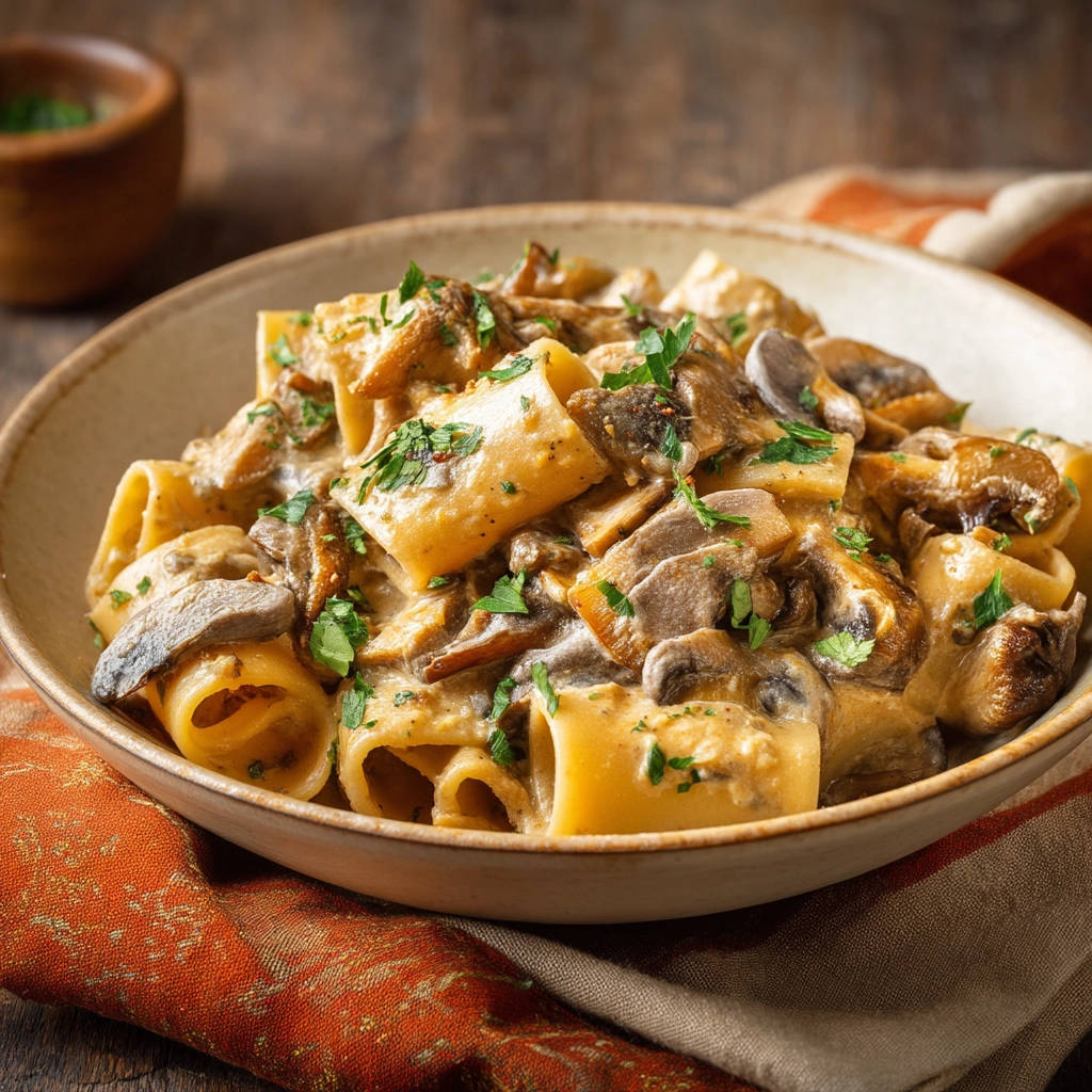 Creamy mushroom pasta served in a rustic bowl, showcasing its rich sauce and fresh parsley garnish.
