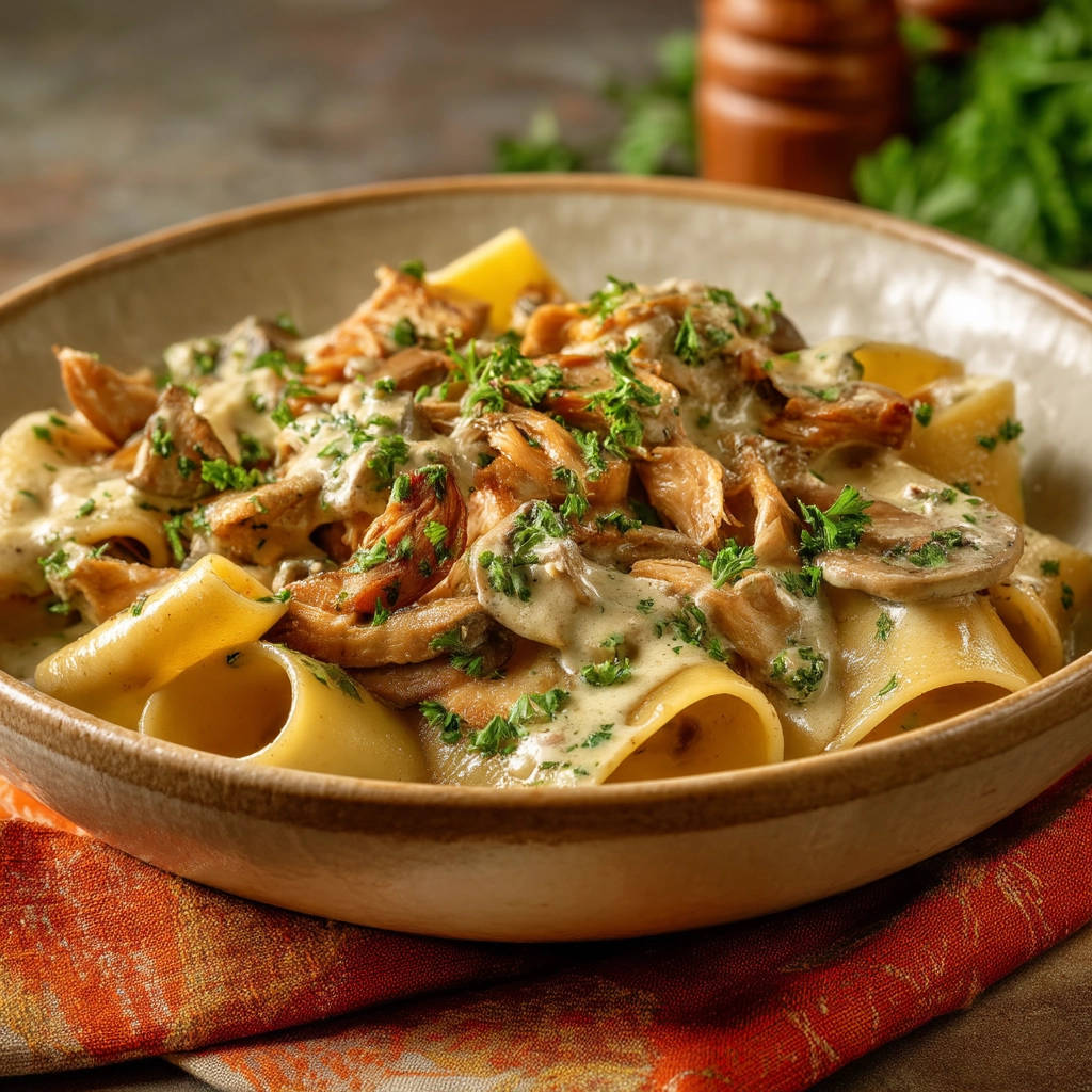 Creamy mushroom pasta shown in a close-up view, highlighting the rich, saucy coating and tender pasta.