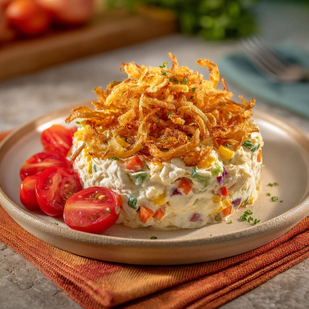 Creamy potato salad topped with fried onions, served with sliced tomatoes on a plate.