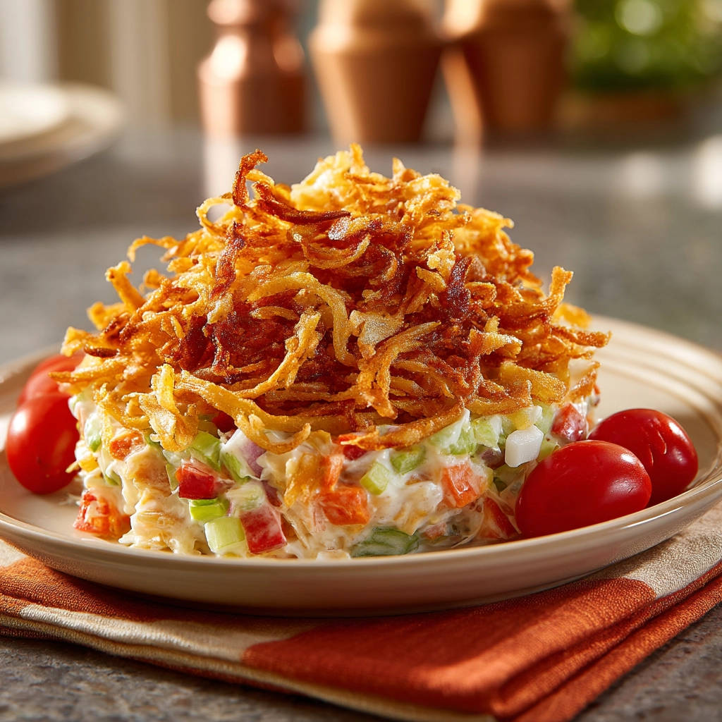 Creamy potato salad topped with a generous portion of crispy fried onions, served with cherry tomatoes on the side.