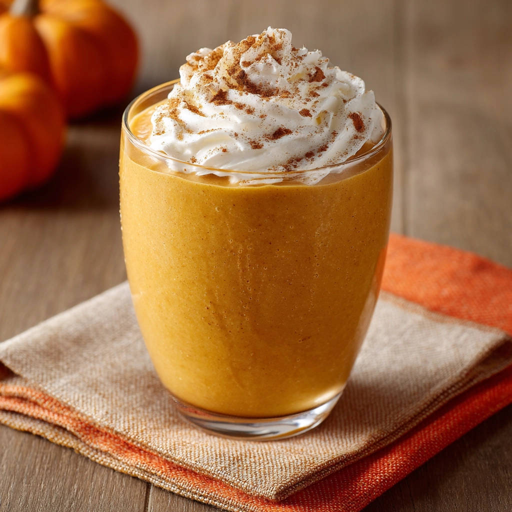 Creamy pumpkin smoothie topped with whipped cream and cinnamon, a refreshing fall drink.