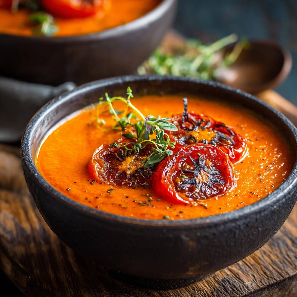 Creamy roasted tomato soup garnished with roasted tomato slices and fresh thyme sprigs in a dark bowl.