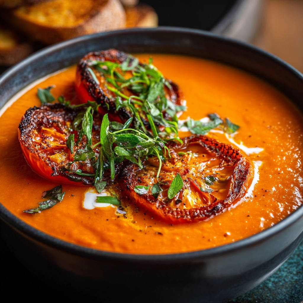 Creamy roasted tomato soup garnished with roasted tomato halves and fresh herbs in a dark bowl.