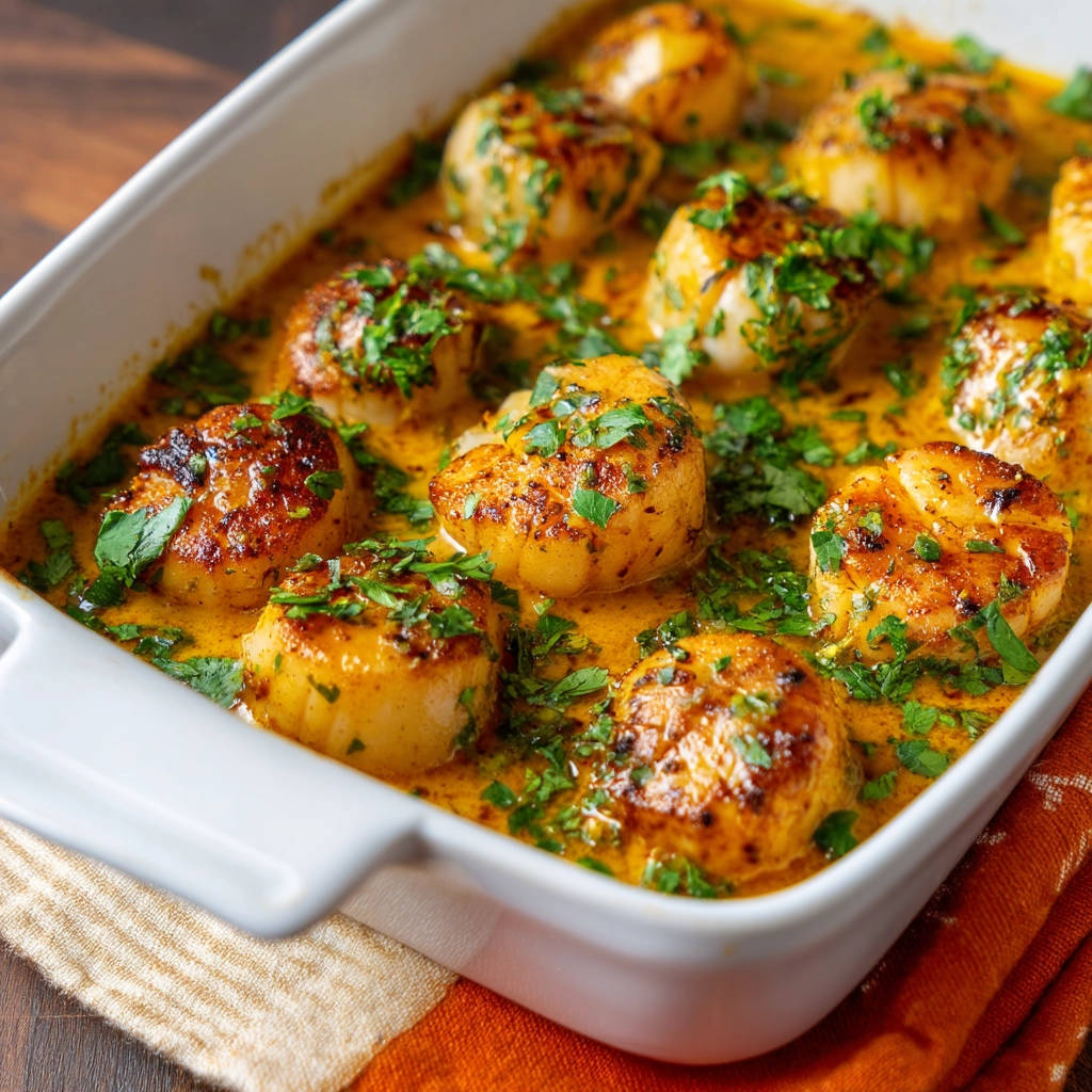 Creamy seared scallops recipe shown in a white casserole dish, topped with fresh parsley and bathed in a rich sauce.