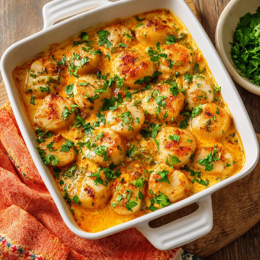 Creamy seared scallops recipe served in a white baking dish, generously garnished with fresh parsley.