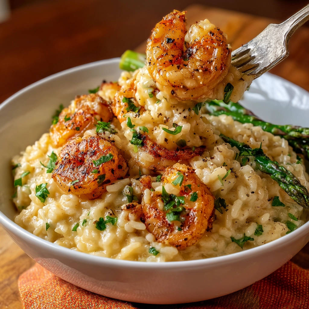 Creamy shrimp and asparagus risotto with a forkful being lifted, showing a close-up view of the textures.