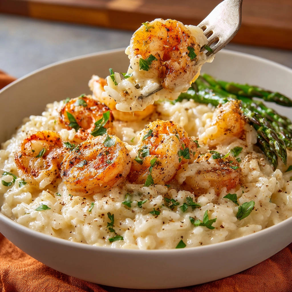 Creamy shrimp and asparagus risotto with a forkful lifted, showing tender grains and perfectly cooked shrimp.