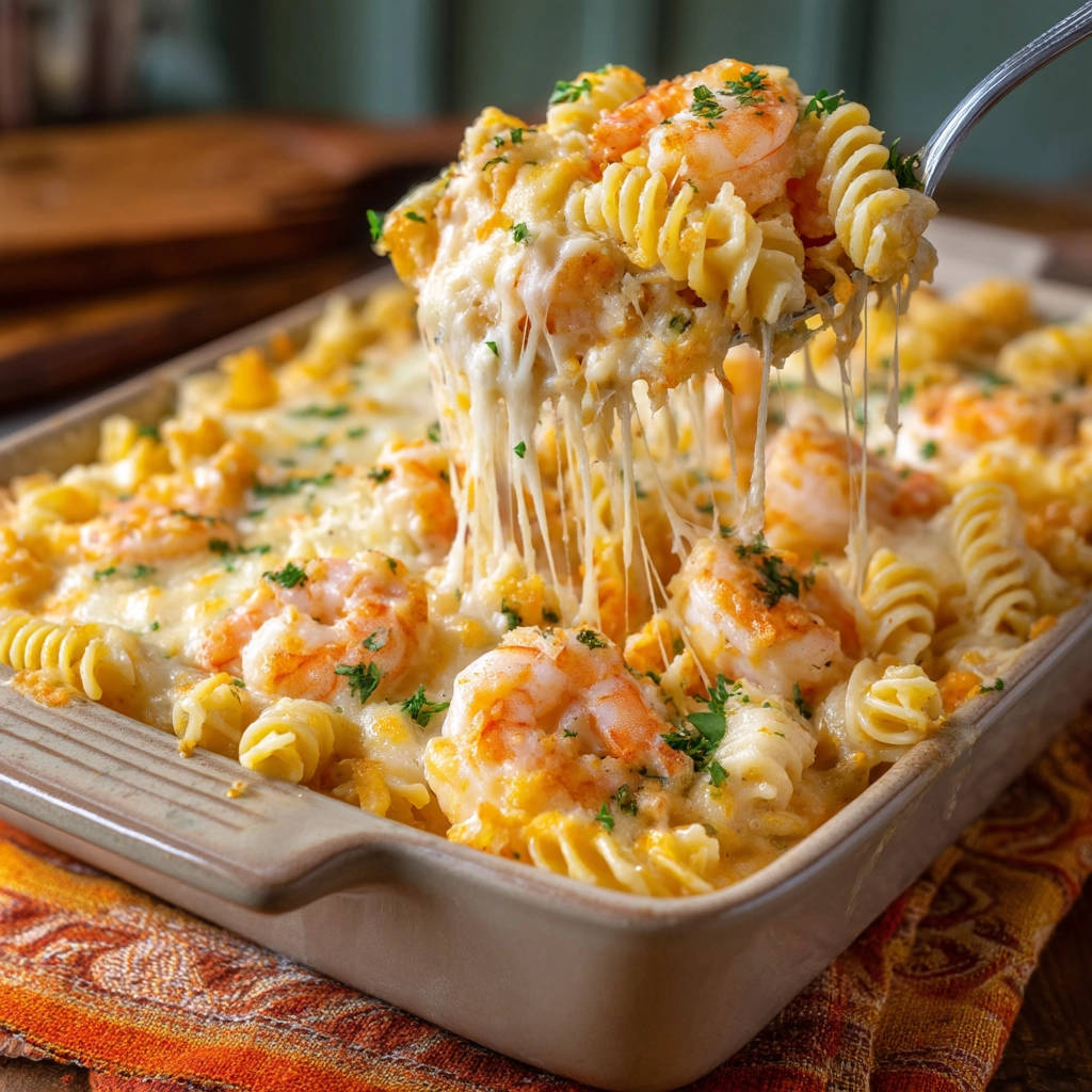 Creamy shrimp & rotini bake with a cheesy pull being lifted from the baking dish, garnished with parsley.