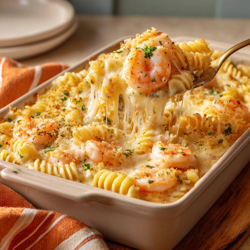 Creamy shrimp & rotini bake with a serving being lifted, showcasing melted cheese and pasta.