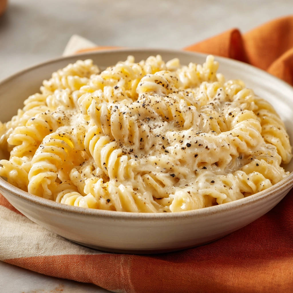 Creamy spiraled pasta in a bowl, generously seasoned with cracked black pepper, shown up close.