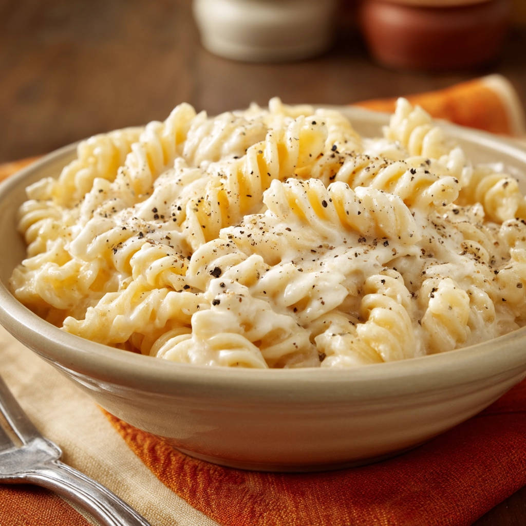 Creamy spiraled pasta with a magic sauce, shown in a close-up detail highlighting the rich sauce and pepper topping.