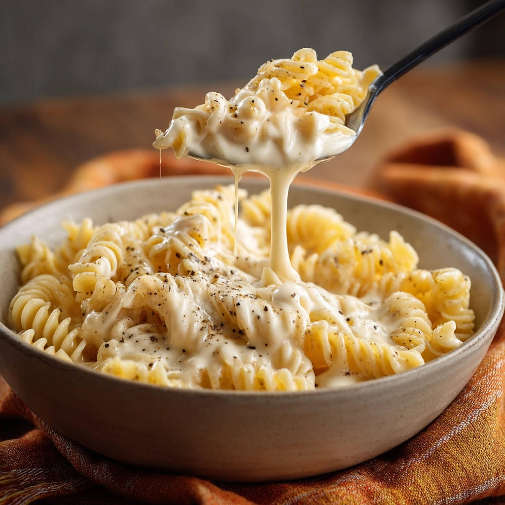 Creamy stovetop mac and cheese being lifted with a spoon, showing a thick cheese sauce dripping down.
