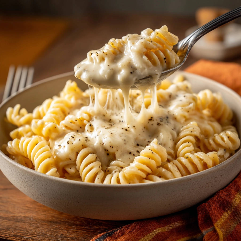 Creamy stovetop mac & cheese shown being lifted with a spoon, with long strands of melted cheese stretching from the bowl.