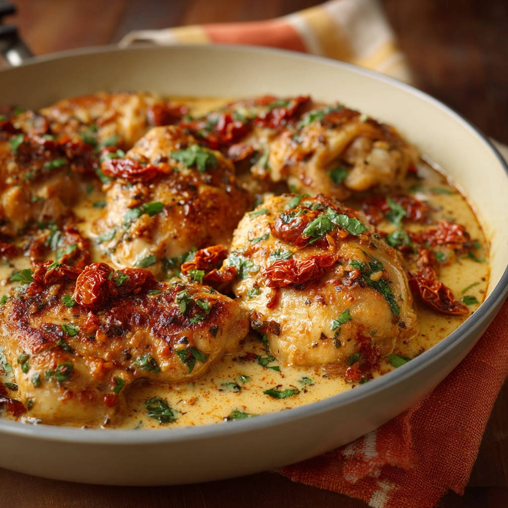 Creamy sun-dried tomato chicken in a skillet, showcasing tender pieces in a rich sauce with sun-dried tomatoes and parsley.