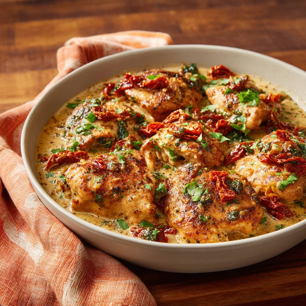 Creamy sun-dried tomato chicken skillet shown up close in a bowl, garnished with parsley and sun-dried tomatoes.