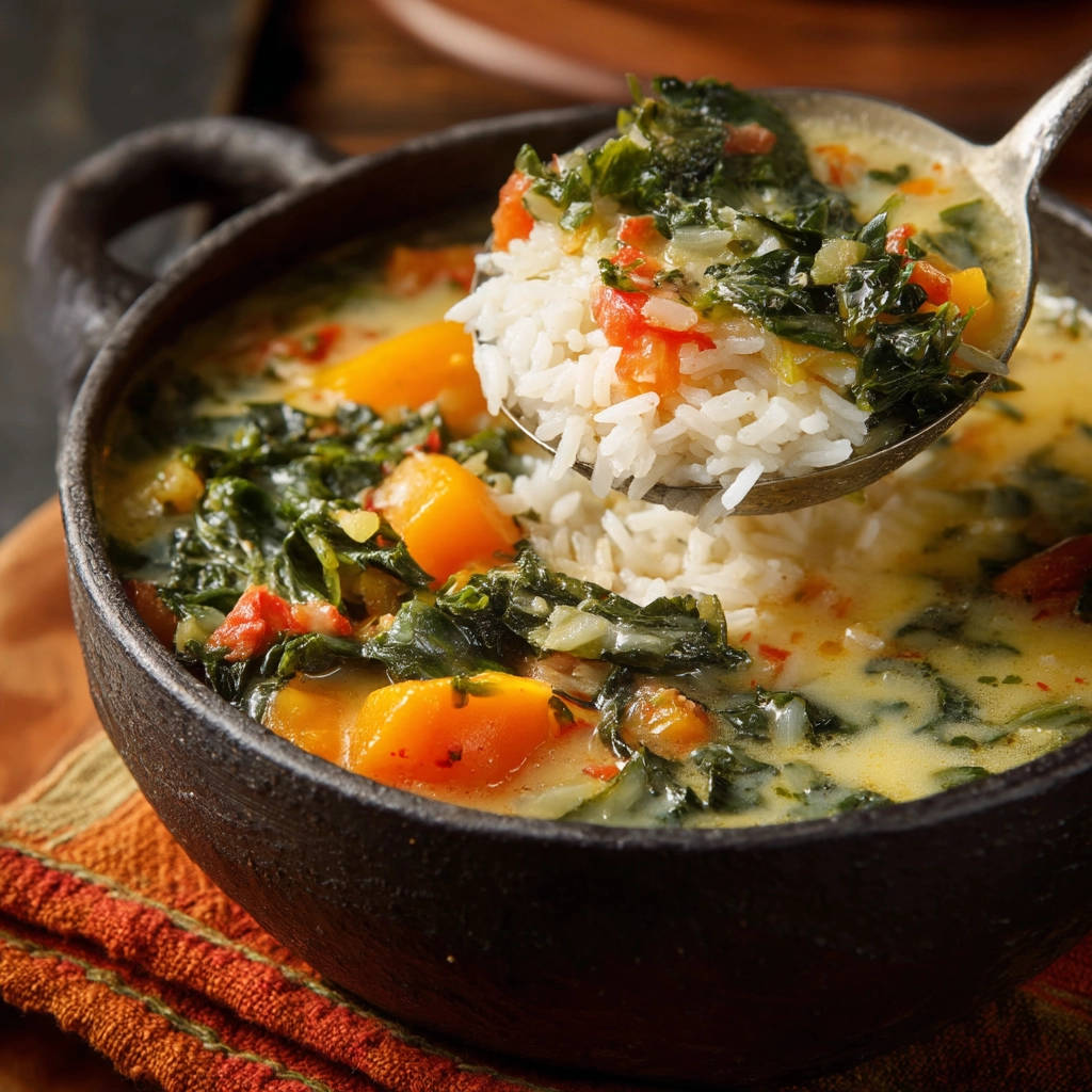 Creamy sweet potato and kale stew shown with a spoonful lifted, highlighting the tender greens and rice.